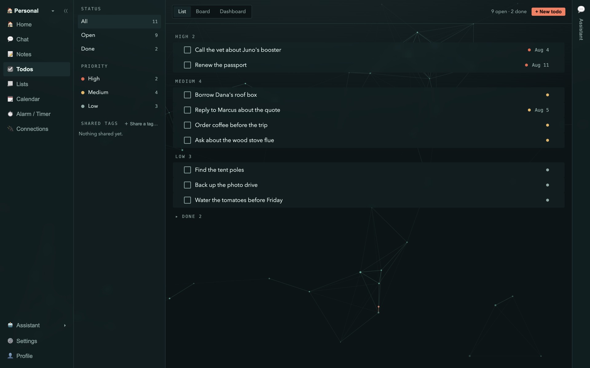 The Synapie desktop app: the Todos view grouped by priority, with list, board and dashboard tabs and counts for open and done.