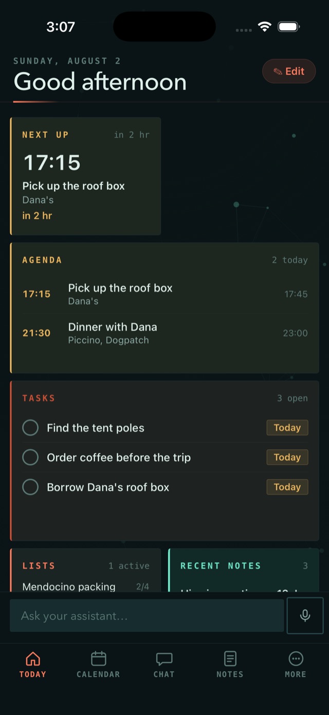Synapie on iPhone: the Today wall, showing Next up at 17:15, the day’s agenda with dinner at 21:30, three tasks due today, and a packing list.